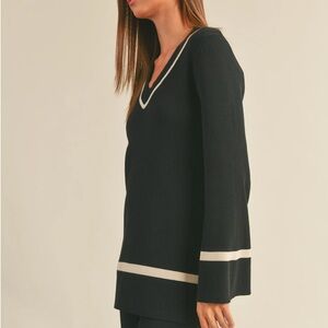 Black V-Neck Sweater with Cream Contrast Trim